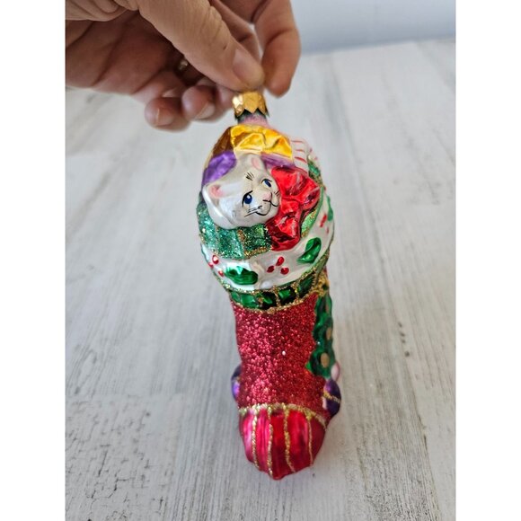 Owc old world Cat stocking glitter ornament vintage Xmas toys tree - Picture 2 of 9
